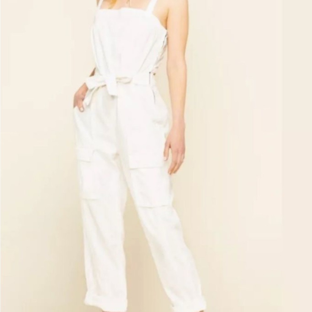 Free People Go West Creamy White Denim Utility Jumpsuit overall with Tie Waist